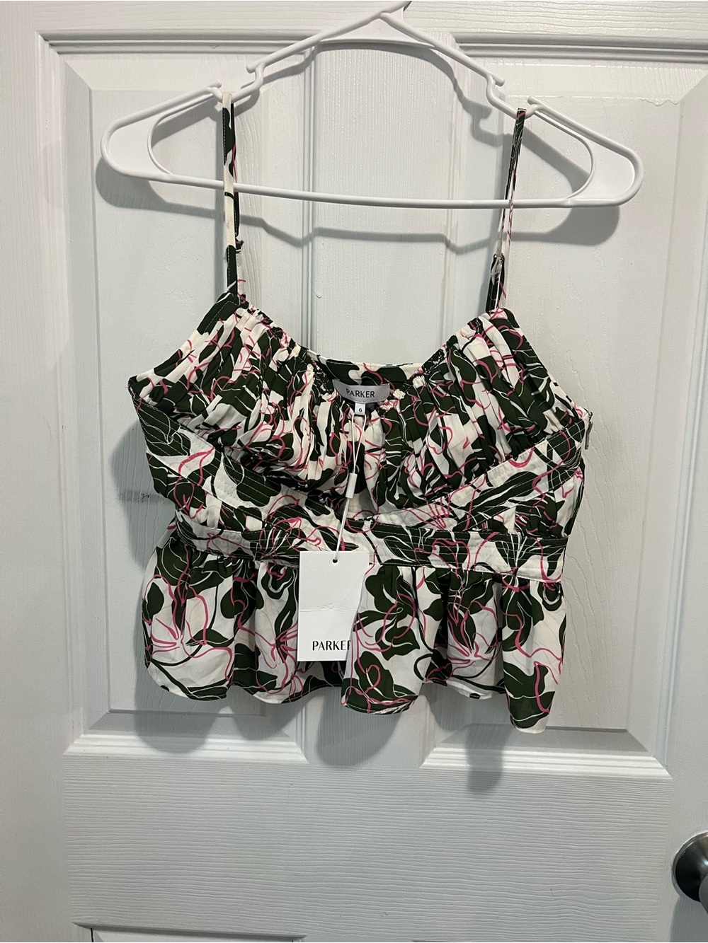 Parker White, Green & Pink Floral Ruffle Camisole